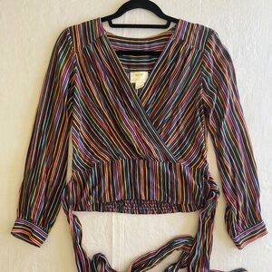 Maeve By Anthropology Multicolor V Neck Wrap Long Sleeve Top w/ Tie Size 4 Small